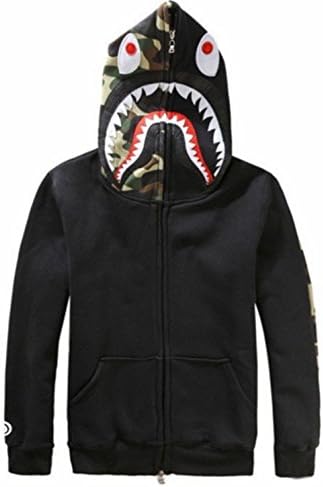 Hot Fashion Men Shark Head Full Zip Hoodie Spring Autumn Unisex Sweatshirt Camouflage Coat Jacket Streetwear Black Red Grey (XL, Black)