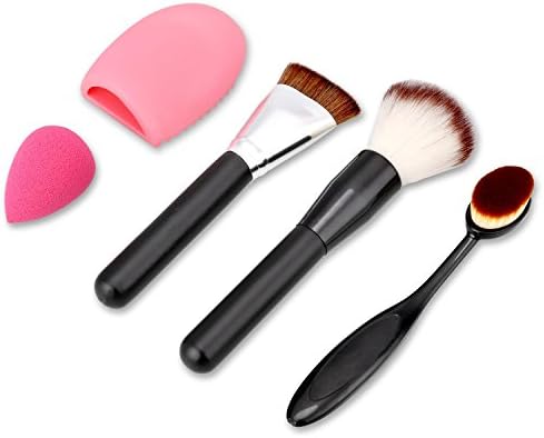 Makeup Brush Set with Foundation Brush, Oval Toothbrush Curve Brush, Flat Contour Makeup Brush, Makeup Sponge Brush and Brush Cleaner (5 Pieces)