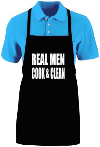 Funny "REAL MEN COOK AND CLEAN" Apron; One Size Fits Most - Medium Length Kitchen Aprons for Men, Women, Teen, & Kids (Unisex); Soft Cotton Polyester Mix with DuPont Teflon Fabric Protector. Great gift idea.