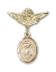 14K Gold Baby Badge with St. Catherine Laboure Charm and Angel with Wings Badge Pin