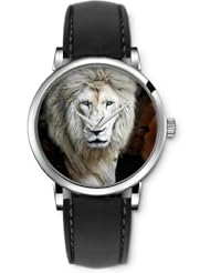 SPRAWL Aanalog Fashion Series Silver Ladies Watches of Genuine Black Leather Strap,Unique Wrist Watch for Women Girls Designed with White Lion