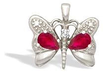 14K White Gold Genuine Pear Ruby and Diamond Butterfly Pendant