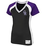 MLB Women's Colorado Rockies Opal Short Sleeve Raglan Deep V-Neck Synthetic Tee (Black/Regal Purple/White, Large)