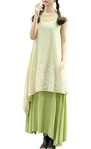 ナチュラル 刺繍 重ね着 風 ロング ワンピース ふんわり マキシ 丈 レディース 綿麻 アシンメトリー Aライン L