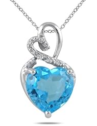 4.00 Carat Blue Topaz and Diamond Heart Pendant in .925 Sterling Silver