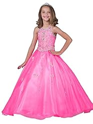 Girls Floor Length Crystals  Sequined Crystal Lace Halter Organza Flower-Girl Dress/Pageant Dress  With Rhinestones