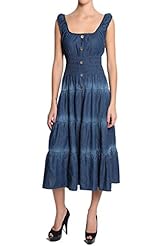 A-line Tiered Shirred Cotton/Denim Scoop Neck Off the Shoulder Sleeveless Midi Dress 