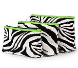 Zebra Print 3 Piece Cosmetic Makeup Bag Set Lime Green Trim / Black & White