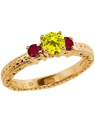 0.83 Ct Round Canary Diamond Red Ruby 18K Yellow Gold 3-Stone Ring