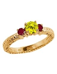 0.83 Ct Round Canary Diamond Red Ruby 14K Yellow Gold 3-Stone Ring