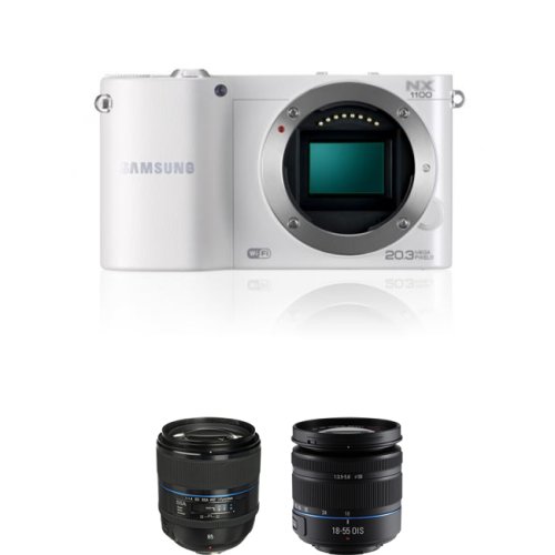 Samsung NX1100 Smart Wi-Fi Digital Camera Body (White) + Samsung 85mm f1.4 ED SSA iFunction Lens for NX Lens + Samsung 18-55mm f/3.5-5.6 OIS Compact Zoom Lens (Black) On Sale