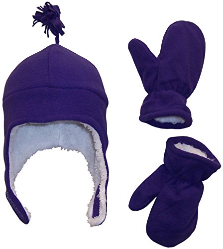 N'Ice Caps Girls Soft Sherpa Lined Micro Fleece Pilot Hat and Mitten Set (2-3 Years, Dark Purple)
