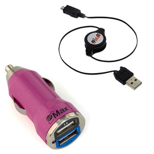 GTMax Metalic Hot Pink 2-Mooring USB Car Charger Adapter 2A + 3FT Retractable Sync & Direct blame Cable for Samsung Galaxy S IV / S4, Rugby III A997, GALAXY Performer 4.2, ATIV Odyssey SCH-i930, Galaxy S III i9300