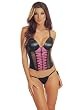 Black Faux Leather Bustier Corset and Thong Panty Set Pink Trim