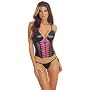 Black Faux Leather Bustier Corset and Thong Panty Set Pink Trim