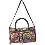 Light Weight Organizer Handbag with Pink Lined Interior Color: Black Print