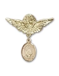 14K Gold Baby Badge with St. Amelia Charm and Angel with Wings Badge Pin