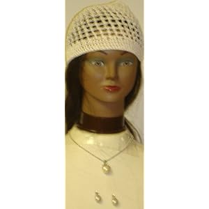 Hand Crocheted Ivory Color Rayon Cotton Gimp Skull Cap Offered in Combination with Sterling Silver...