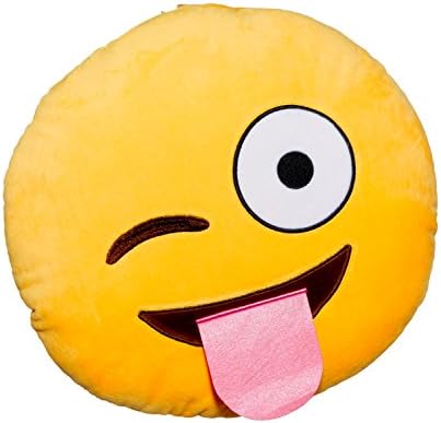 Open Eye Tongue Out Emoji Round Smiley Emoticon Stuffed Cushion Pillow - Yellow - Two Day Shipping