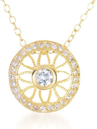 Vintage Style Filigree Art Deco C.Z. Vermeil 14K Gold Pltaed Sterling Silver Round Pendant