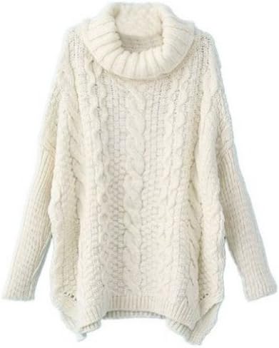 Sheinside Women White Long Sleeve Turtleneck Chunky Cable Knit Loose Sweater Pullover