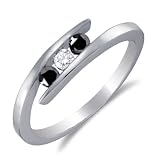 .925 Sterling Silver Plated in White Gold Rhodium White and Black Diamond Cross Over Engagement OR Fashion Right Hand Ring Band - 3 Three Stone Center Setting Shape w/ Channel Set Round Diamonds - (1/4 cttw)
