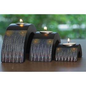 Electricity Hand Carved Mango Wood 1 2 Circle Tealight Candle Holders - Set of 3