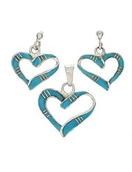 Turquoise And Silver Southwest Heart Pendant Earring Set EX29394