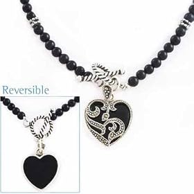 Silver Genuine Onyx beaded Necklace w Heart Pendant by