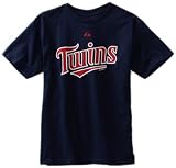 MLB Boys' Minnesota Twins Official Wordmark Short Sleeve Basic Tee by Majestic (Athletic Navy, Medium)