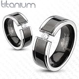 Solid Titanium Black IP Center Grooved Band Ring with CZ - Comfort Fit - 6-8mm Width - Sizes: 5-13