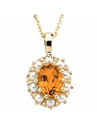 18K Yellow Gold Oval Cut Spessartite Garnet and Pearl Pendant -- LIFETIME WARRANTY