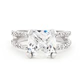 Platinum Plated Cushion Cut Cubic Zirconia Engagement w/ Dual Shoulder CZ Pave Side Accents