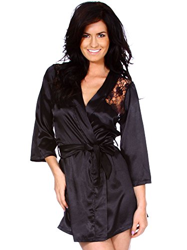 Simplicity Lingerie Black Satin Nighty Gown Robe Mini Dress Sleepwear Belt, L
