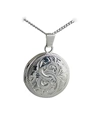 British Jewellery Workshops Silver 20mm engraved flat round Locket with Curb chain