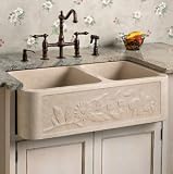 36" x 20" x 10" Floral Polished Marble Offset Double Bowl Farmhouse Sink - White Thassos Marble