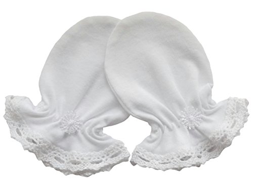 100% Cotton Jersey Newborn Baby Anti Scratch Mittens Cotton Lace, White Satin Snowflake (0-3 Months, White)