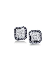 10K White Gold Round Brilliant Cut Black and White Diamond - Diamond Shape Milgrain Channel Set Studs Earrings - (.95 cttw.)