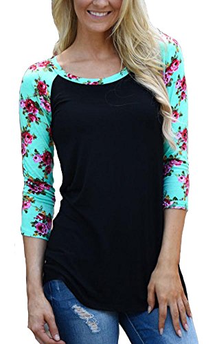 KufvWomens Prints Florals 3/4 Sleeve Crew Neck Top Tshirt (3XL, black)
