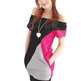 Allegra K Women Boat Neck Short Bat Sleeve Shirt Black Fuchsia Gray XS