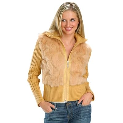 Ladies Knitted Tan Jacket with Rabbit Fur