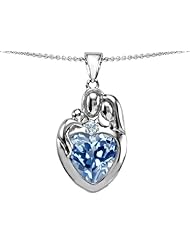 Original Star K (tm) Large Loving Mother Father With Child Family Pendant 12mm Heart Simulated Aquamarine in 925 Sterling Silver
