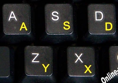 SWISS FRENCH GERMAN KEYBOARD STICKERS TRANSPARENT BACKGROUND YELLOW LETTERS FOR ANY LAPTOP COMPUTER PC DESKTOP NOTEBOOK
