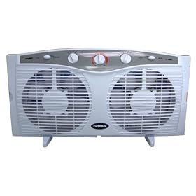 Optimus F-5285 8-Inch Electrically Reversible Twin 3-Speed Window Fan with Thermostat, white