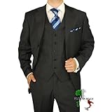 Gino Valentino Vested Mens Suit Made in Italy Australian Worsted Merino Wool / Silk 150's Canvas Front Jacket + Flat Front Pants + Vest 3 Button 3pc Three Button Business Suit Charcoal Stripe