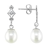 10K White Gold .01 ctw Diamond and 7-7.5mm Cultured Freshwater Pearl Earrings