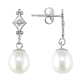 10K White Gold .01 ctw Diamond and 7-7.5mm Cultured Freshwater Pearl Earrings by Amour
