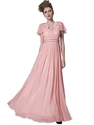 A-line V-neck Floor Length Short Sleeves   Beaded Vintage Evening Dress/Prom Dress/Wedding Party Dress  With Ruffles and Pearls