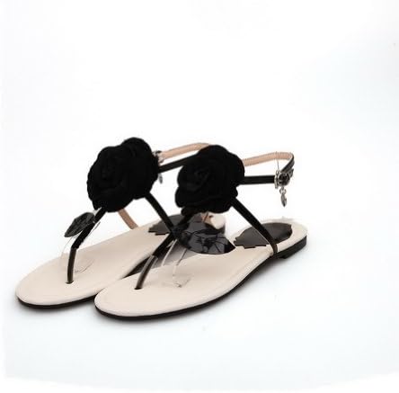 QueenFashion Womens Open Toe Sheepskin Embossed Leather Solid Thong Sandals with Flower, Black, 39