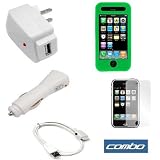 USB Data Cable + USB Car Charger + USB Home Travel Charger + Dark Green Rubber Silicone Skin Case + Clear Reusable LCD Screen Protector for Apple Iphone 8GB 16GB 2nd Generation Smartphone